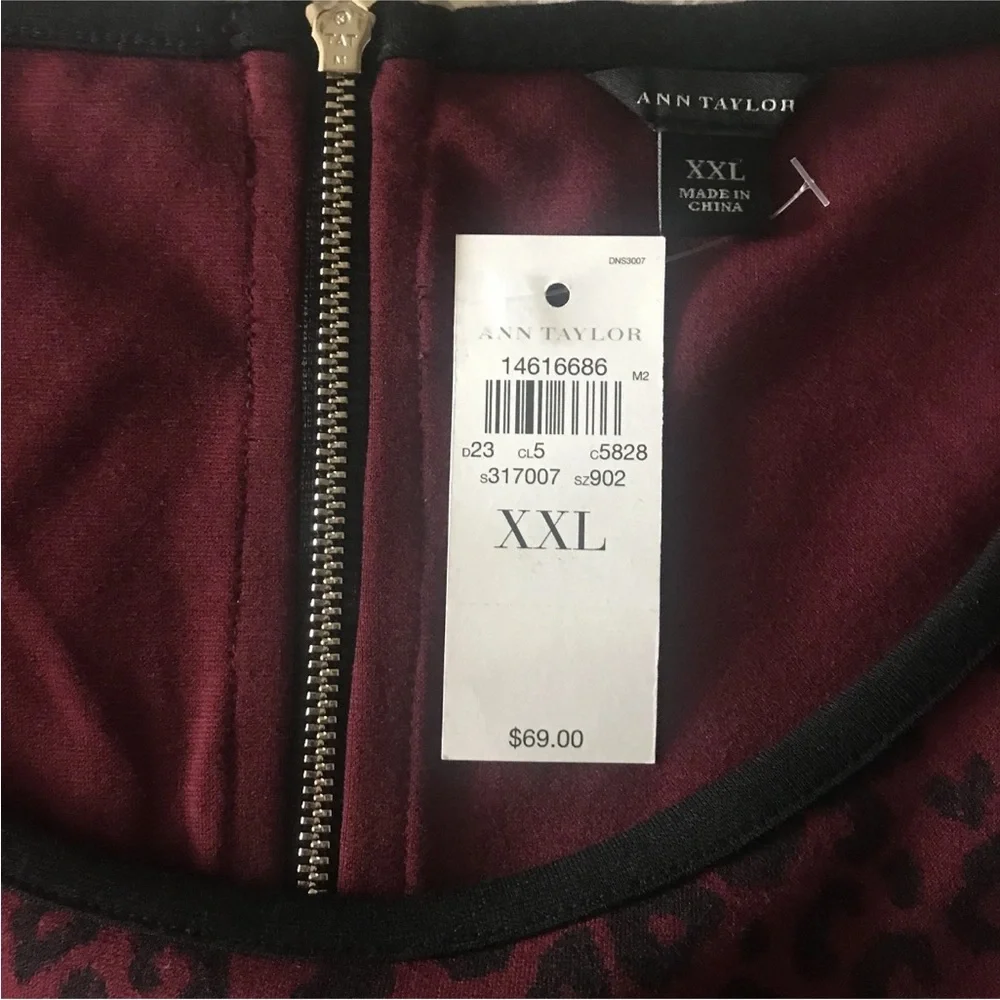 Ann Taylor Womans XXL Burgundy Wine Black Animal Print Top Blouse Zipper NWT $69